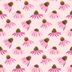 Purple coneflowers buds seamless pattern. Floral endless background. Purple echinacea bud ornament. 
