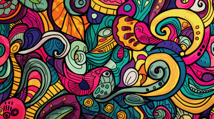 Playful Doodle Art Pattern in Vibrant Colors. Expressive and Bright Design with Vivid Colors
