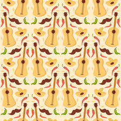 Mexican music festival seamless pattern. guitar and sombrero repeat background. Hats of mariachi musicians endless cover. Holiday loop ornament. Vector illustration.