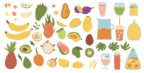 Tropical fruits and beverage isolated on white background. Set of exotic sweet dessert and fresh smoothie. Vector hand drawn flat collection illustration.