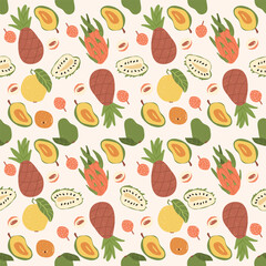 Fruits seamless pattern. Tropical pineapple, sweet granadilla, dragonfruits and mango repeat cover. Exotic sweet cut whole fruit food endless background. Vector hand drawn illustration.