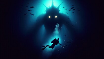 Scuba diver encounters glowing-eyed sea monster in the deep ocean, surrounded by fish and illuminated by mysterious blue light.