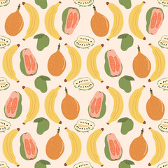Seamless pattern with stylized tropical fruits like bananas, guava with mango and sweet granadilla. Vector hand drawn illustration.
