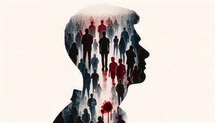 Silhouette of a man with multiple figures inside, representing inner thoughts or mental crowd. Conceptual and abstract imagery.