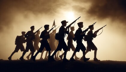 Silhouetted soldiers march in formation with rifles against a dramatic sky, symbolizing military strength and unity in historical context.