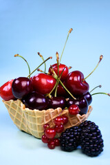 Ripe currants, cherries and blackberries in a waffle basket on a blue background