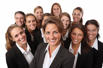 Fototapeta premium Group of smiling white businesswomen at work on white background. Women in suits at work. Boss women. Image for graphic designer. Business world. Job recruitment.