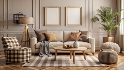 Living room interior with mock up picture frame, beige sofa, round wooden coffee table, rug, pouf, vase with rowan, rounded shapes armchair, braided plaid and personal accessories. Home decor.