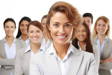 Fototapeta premium Group of smiling white businesswomen at work on white background. Women in suits at work. Boss women. Image for graphic designer. Business world. Job recruitment.