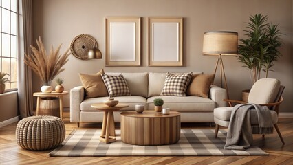 Fototapeta premium Living room interior with mock up picture frame, beige sofa, round wooden coffee table, rug, pouf, vase with rowan, rounded shapes armchair, braided plaid and personal accessories. Home decor.