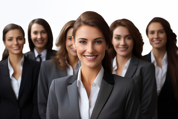 Group of smiling white businesswomen at work on white background. Women in suits at work. Boss women. Image for graphic designer. Business world. Job recruitment.