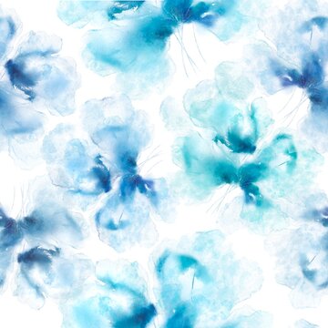 Blue floral background. Seamless pattern with blue abstract flowers. Floral fabric ornament. Greeting card design. Wedding invitation decor.