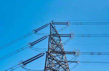 electricity transmission towers across hilly region in Baghmundi, Purulia, West Bengal. These high-rise pylons, part of electricity grid, carries high voltage power lines above the ground. 