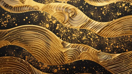 magnificent gold folding screen background, luxurious gold paper, new year's card, Japanese paper, intricate Japanese pattern wallpaper, brush art, black background