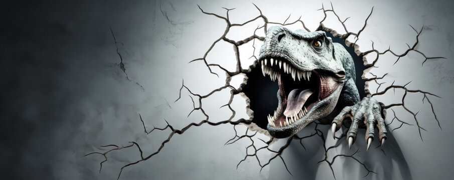 3D hole in the wall with trex dinosaur coming out, sharp teeth and claws. With copy space.