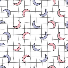 Obraz premium Pastel Crescent Moons on Wavy Grid Seamless Pattern