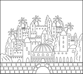 Fototapeta premium Black outline oriental city facade illustration. Coloring page.