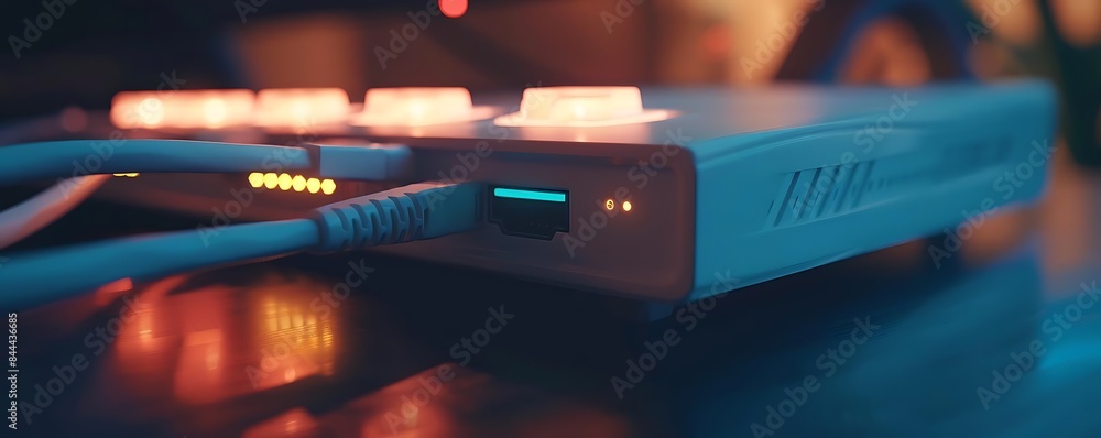Poster close - up of ethernet cable connected to router for internet connection, with a blue light visible 