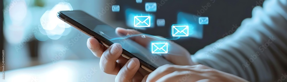 Poster close - up of hands holding smartphone with email communication and inbox on screen, with a white ha