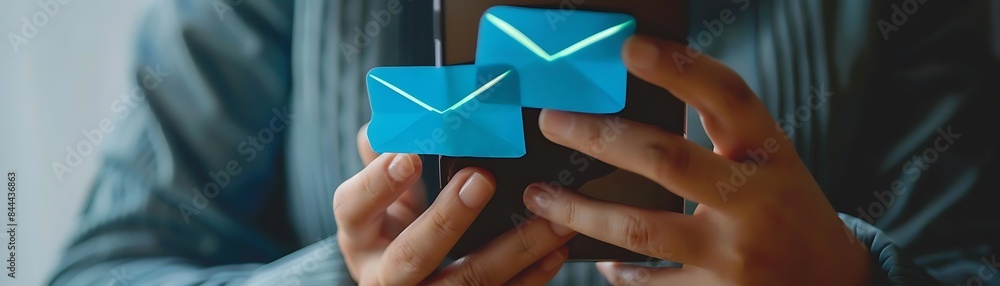 Poster close - up of hands holding smartphone with email communication and inbox, featuring a blue box and 