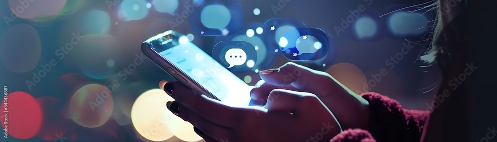 Poster close - up of hands holding smartphone with messaging app and chat bubbles in the background