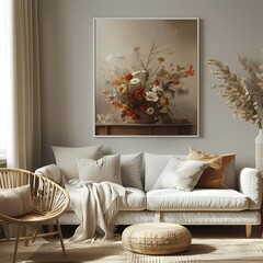 Mock up flower vase wall art  picture painting frame border, on white wall with vintage sofa, , gold wooden Louis luxury style, wabi sabi, farmhouse interior 