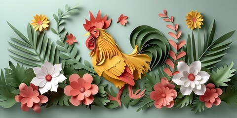 Fototapeta premium papercraft art illustration, happy chicken in flower garden
