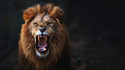 Obraz premium An angry lion with an open mouth. expression of anger. Portrait of a big male lion with open mouth on a dark background.