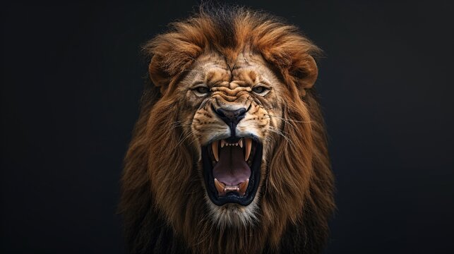 An angry lion with an open mouth. expression of anger. Portrait of a big male lion with open mouth on a dark background.