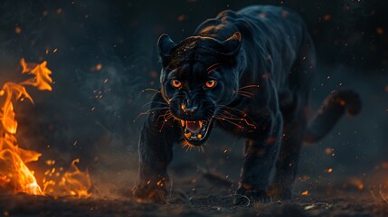 Beautiful big black panther with fire on black background. Wildlife scene. Angry big cat in fiery ambience.
