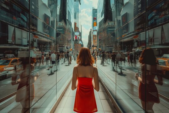 A woman in a red dress is walking down a city street. Concept of dejavu or d&eacute;j&agrave; vu effect