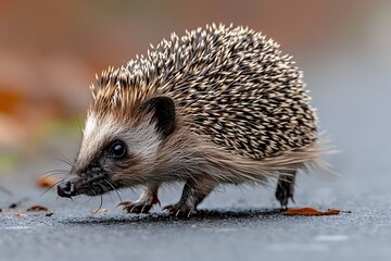Fototapeta premium Adorable Hedgehog Walking on a Fall Path: Perfect for Wildlife and Nature Photography