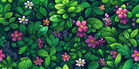 Seamless botanical texture, 2d game botanical texture, cartoon seamless botanical pattern, 2d seamless botanical stylized texture