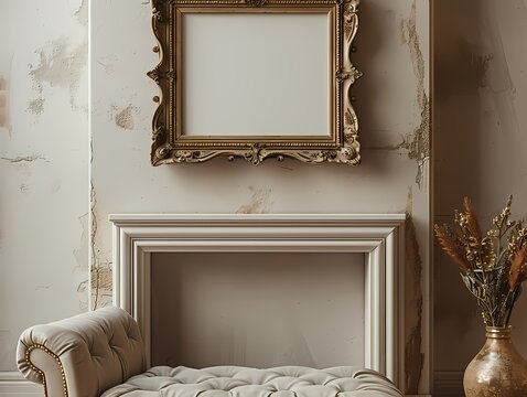 Mock up empty  picture painting frame border, on white wall with vintage sofa and fire place, , gold wooden Louis luxury style, wabi sabi, farmhouse interior 