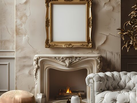 Mock up empty  picture painting frame border, on white wall with vintage sofa and fire place, , gold wooden Louis luxury style, wabi sabi, farmhouse interior 