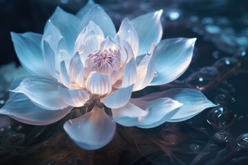 Radiant lotus flower emerges among glistening water droplets, captured in mesmerizing twilight tones