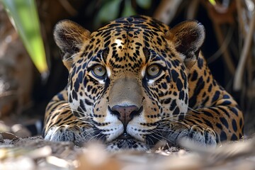 Obraz premium Majestic Jaguar in Natural Habitat Resting on Forest Floor - Wildlife Photography for Animal Lovers