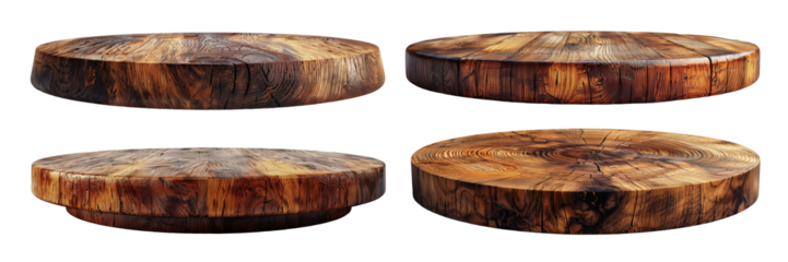 Wooden podium, set. Wooden stand for various items. Wooden pedestal isolated on white and transparent background