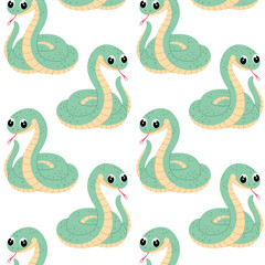 Pattern with snake in flat style on white background. Snake in flat style. Cartoon illustration of a viper. Symbol of the 2025 year. Pattern for textile, wrapping paper, background.
