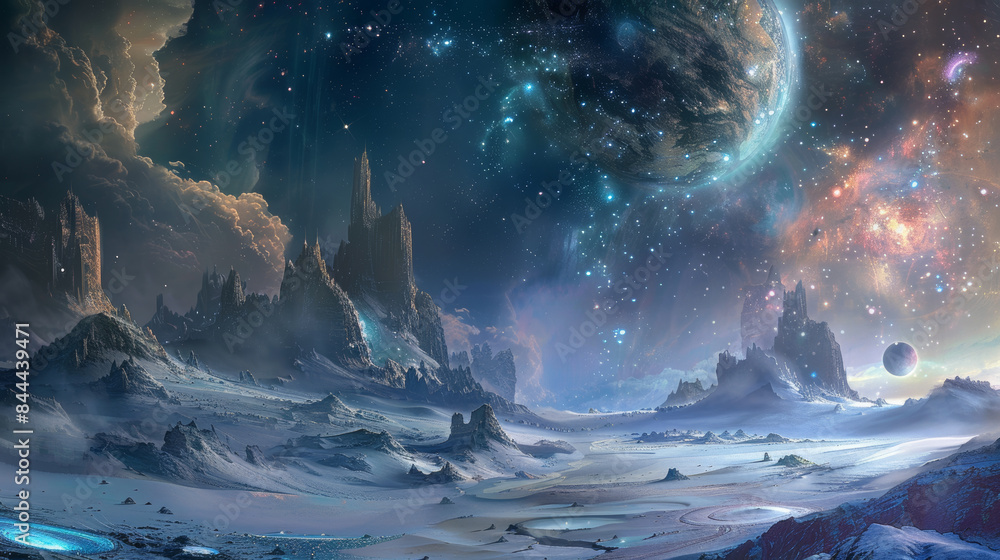 Poster a beautiful and colorful space scene with a large planet in the background