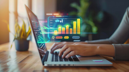 A woman is typing on a laptop with a green screen displaying graphs and numbers