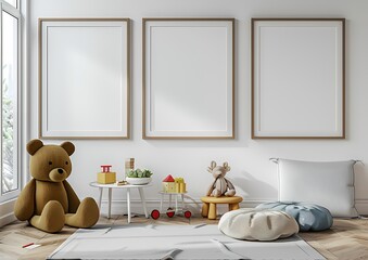 Mock up empty Wooded verticals frame border for art, wall art hanging in the kids room with minimal dolls , neutral color  background, wallpaper
