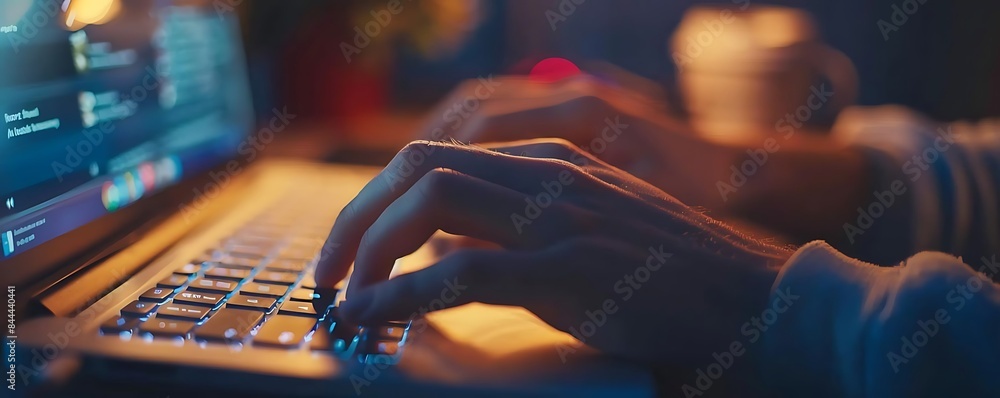Aufkleber close - up of hands typing on keyboard with video conference call and online meeting in the backgrou