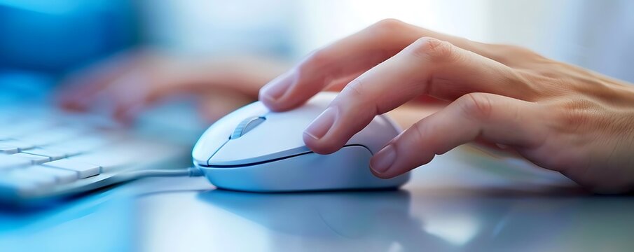 close - up of hands using computer mouse for email communication and networking, with a white keyboard and blue reflection visible in the background