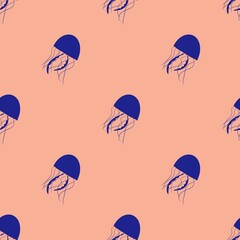 Seamless blue jellyfish pattern with orange-pink background 