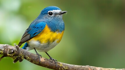 Obraz premium A blue bird with a yellow chest and white eyebrows sits on a branch. Its side feathers can be seen clearly against the blurry green background. This bird is called the Snowy-browed Flycatcher.