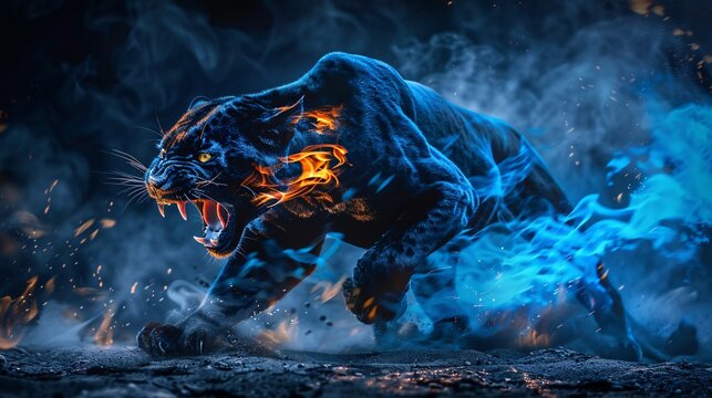 Beautiful big black leopard with fire on black background. Wildlife scene. Angry big cat in fiery ambience.