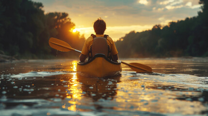 Caucasian man sitting on canoe paddling in river in sunset, Canoeing as dynamic and adventurous sport in natural wild. Rear view of sport man looking at water surface and sunrise