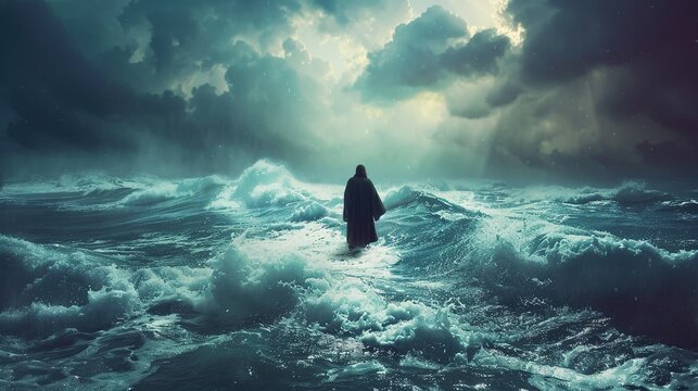 Biblical theme concept Jesus walks across the sea on water during a storm