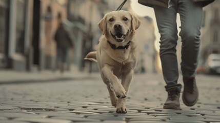 a labrador retriever running in streets with his owner